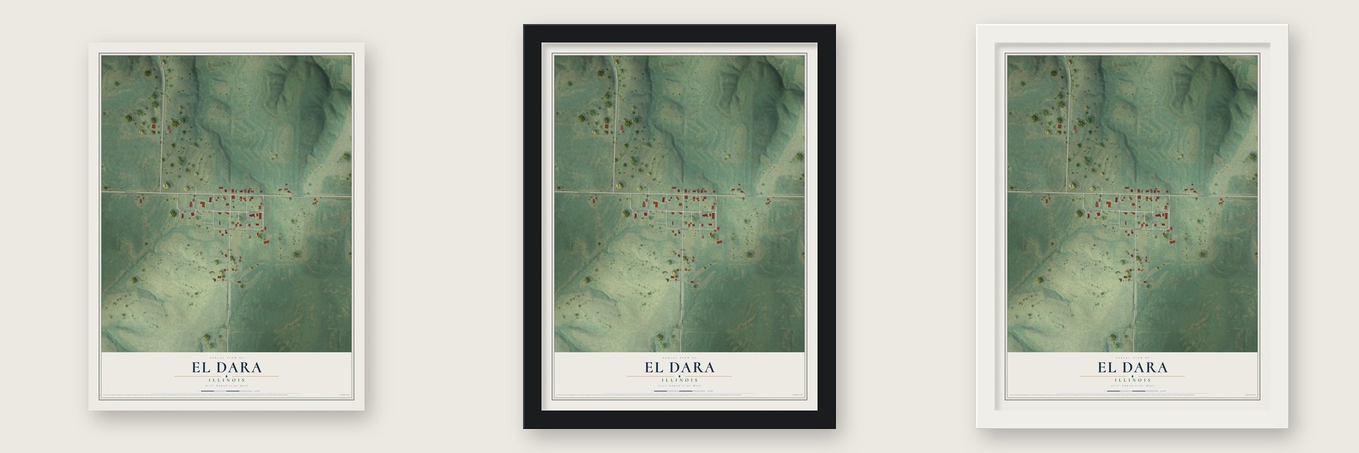 El Dara, Illinois map unframed, in a black wood frame and in a white wood frame