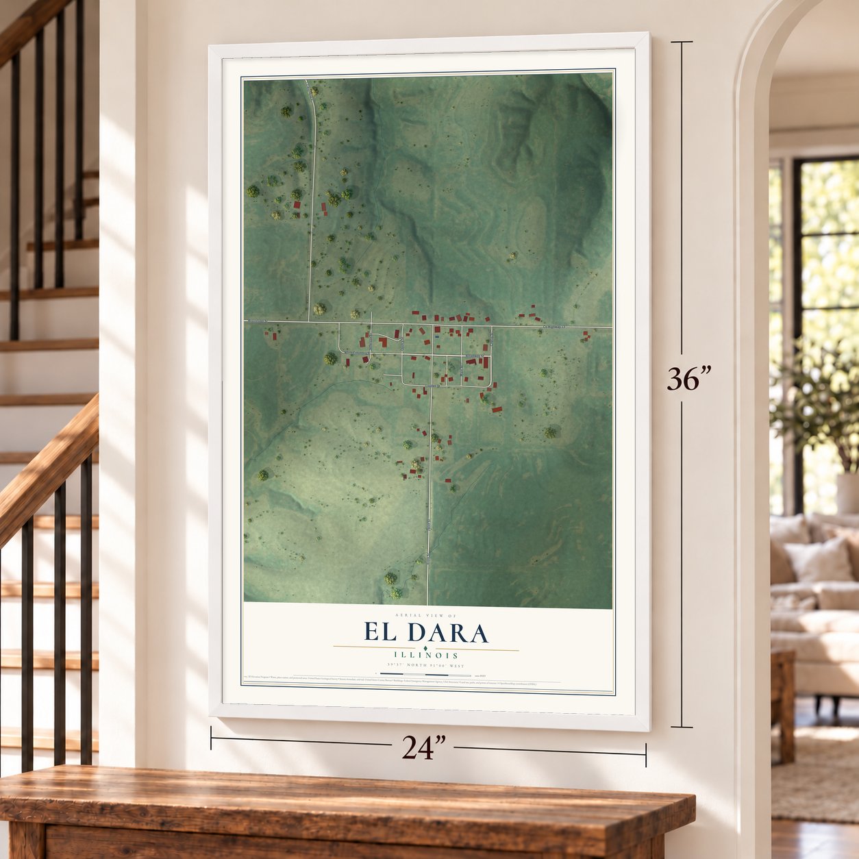 El Dara, Illinois map, 24 x 36 inch print in a white frame by a staircase
