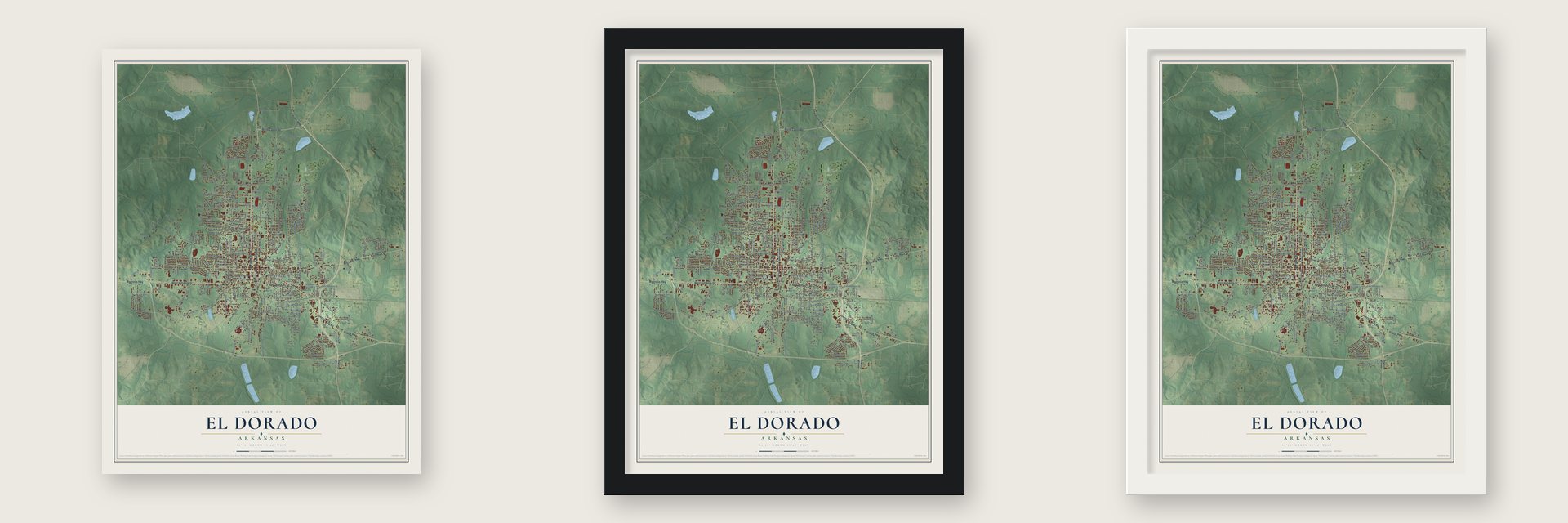 El Dorado, Arkansas map unframed, in a black wood frame and in a white wood frame