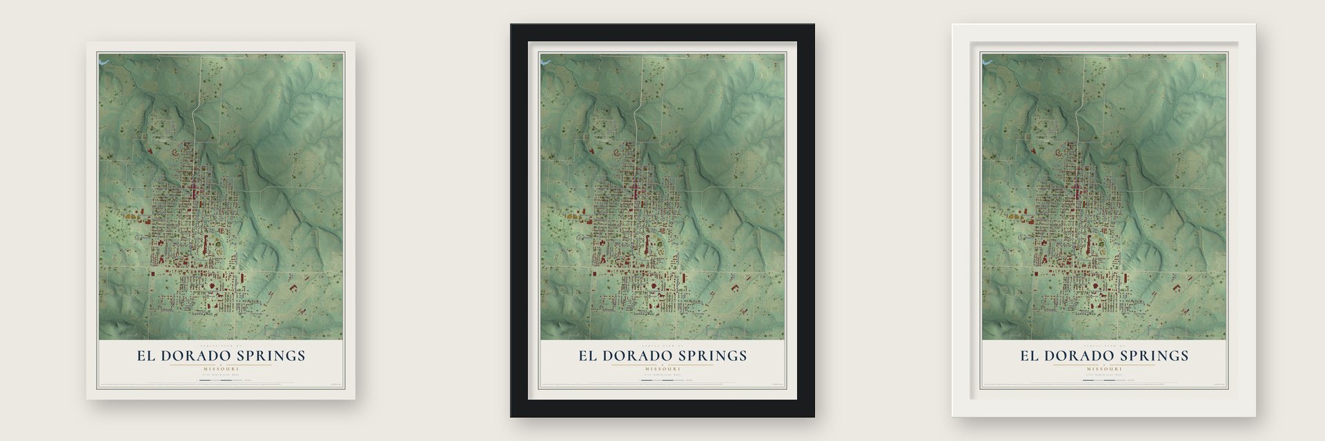 El Dorado Springs, Missouri map unframed, in a black wood frame and in a white wood frame