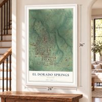 El Dorado Springs, Missouri map, 24 x 36 inch print in a white frame by a staircase