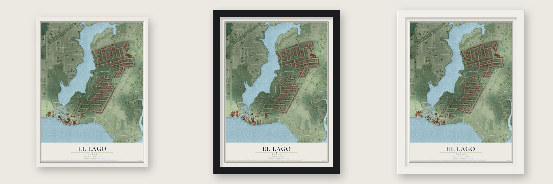 El Lago, Texas map unframed, in a black wood frame and in a white wood frame