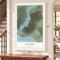 El Lago, Texas map, 24 x 36 inch print in a white frame by a staircase