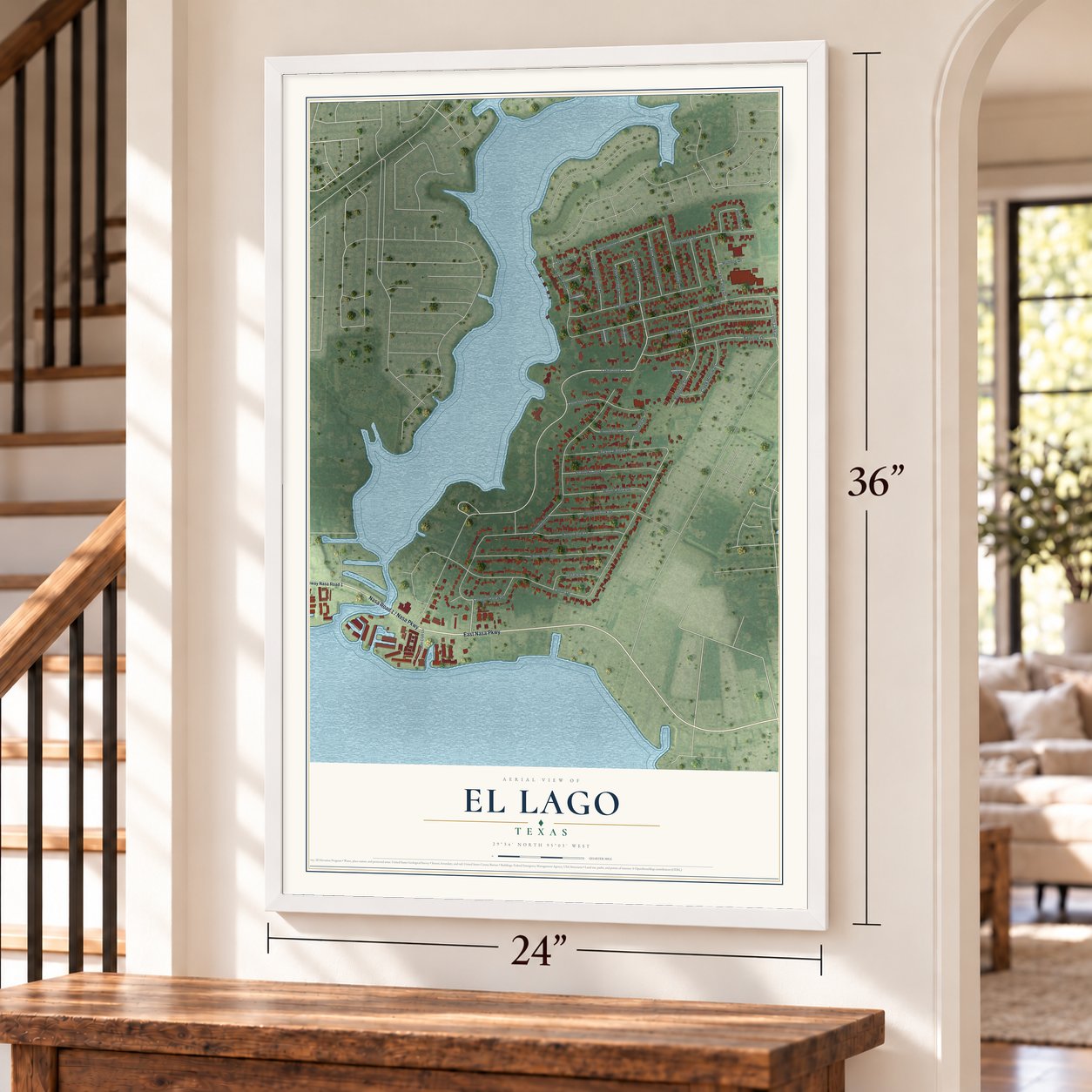 El Lago, Texas map, 24 x 36 inch print in a white frame by a staircase