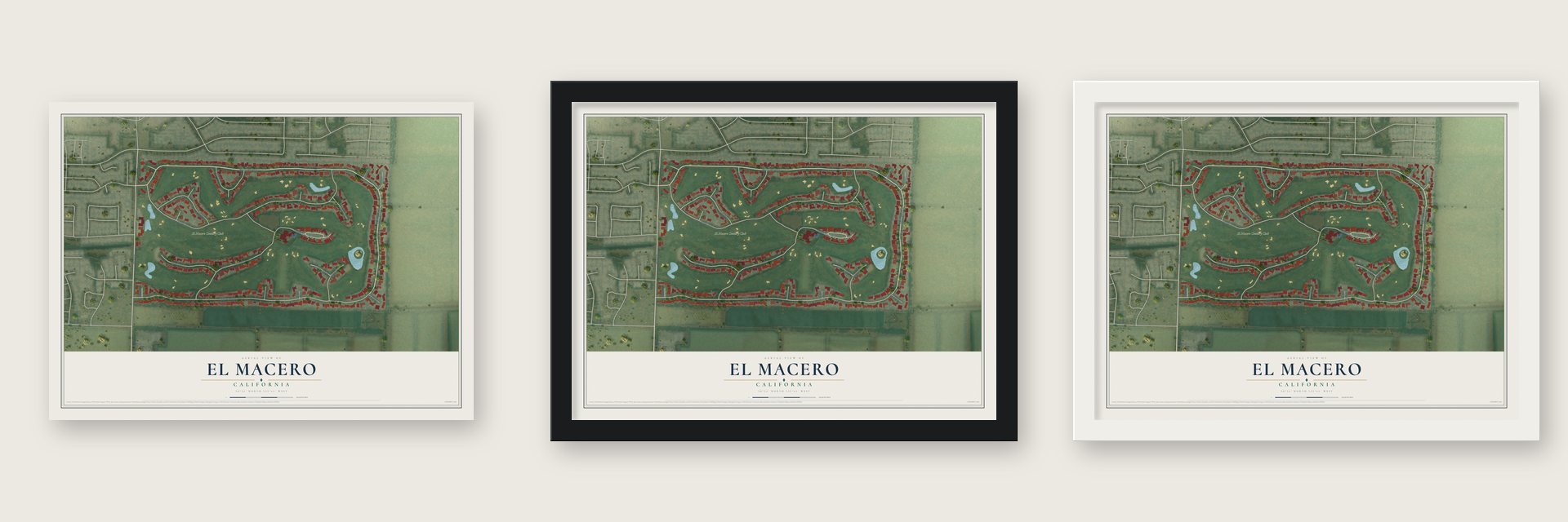 El Macero, California map unframed, in a black wood frame and in a white wood frame