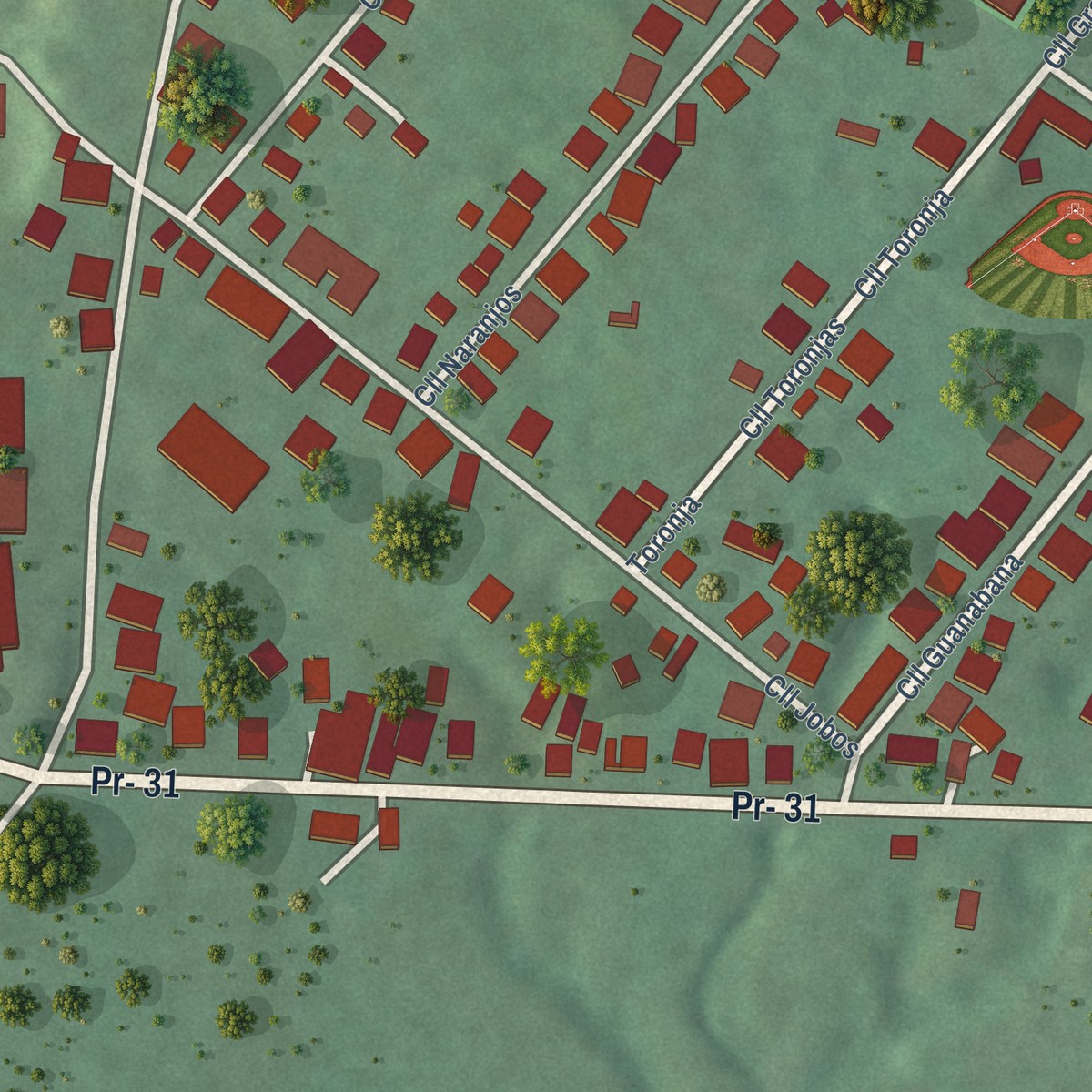 Second close-up of the map of El Mangó, Puerto Rico print showing more streets and buildings