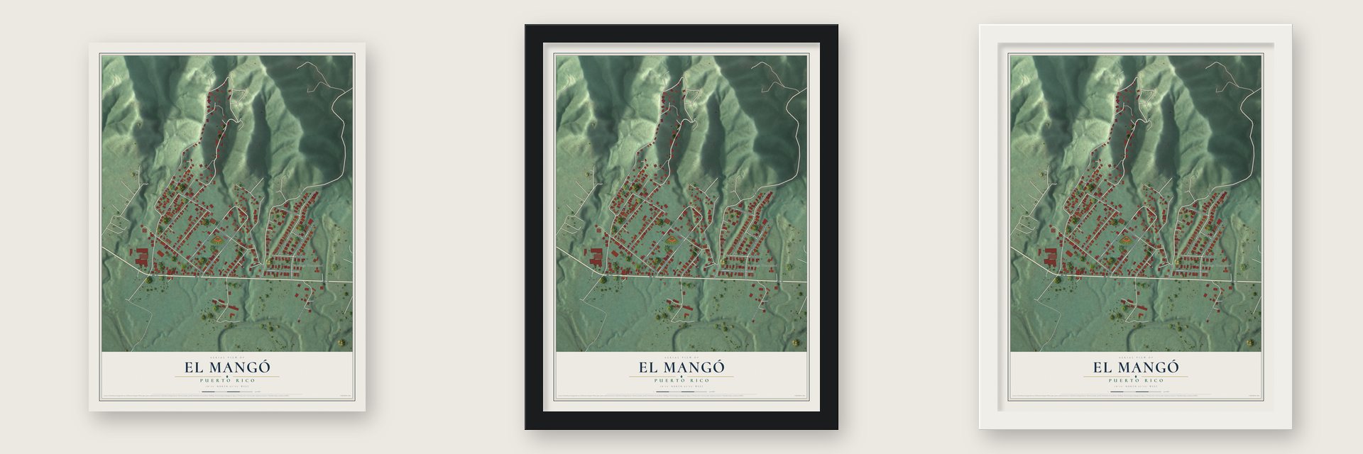 El Mangó, Puerto Rico map unframed, in a black wood frame and in a white wood frame