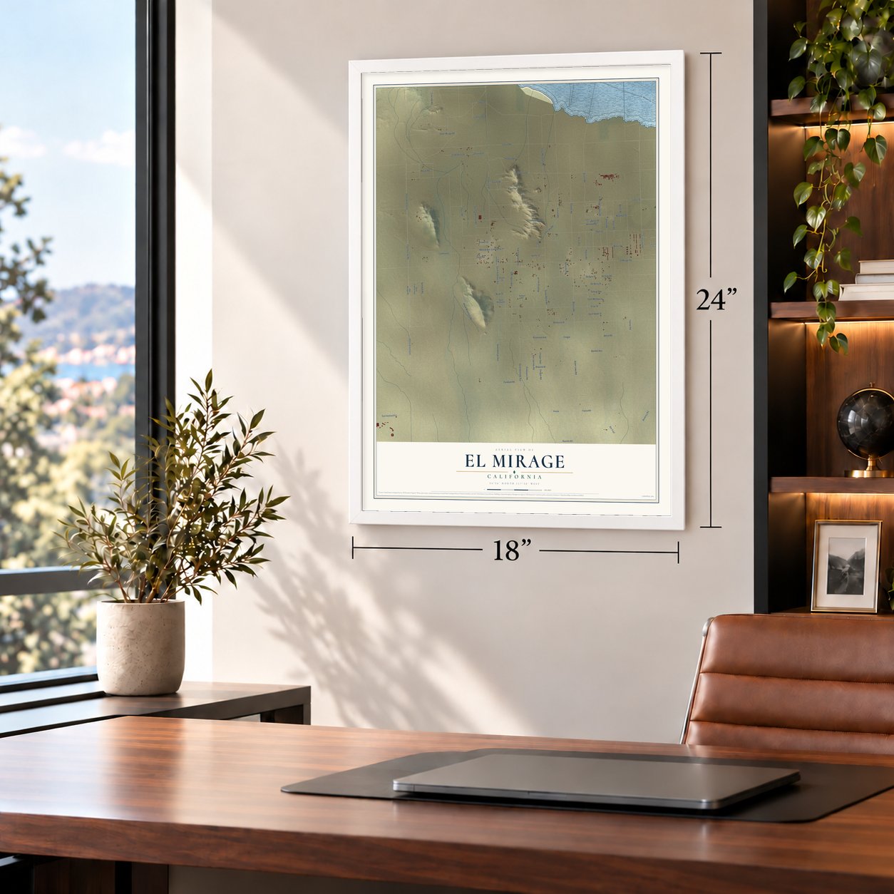 El Mirage, California map, 18 x 24 inch print in a white frame in a home office