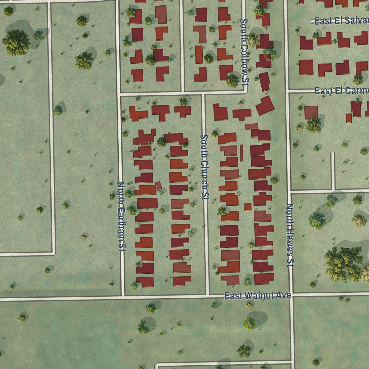 Second close-up of the map of El Modena, California print showing more streets and buildings