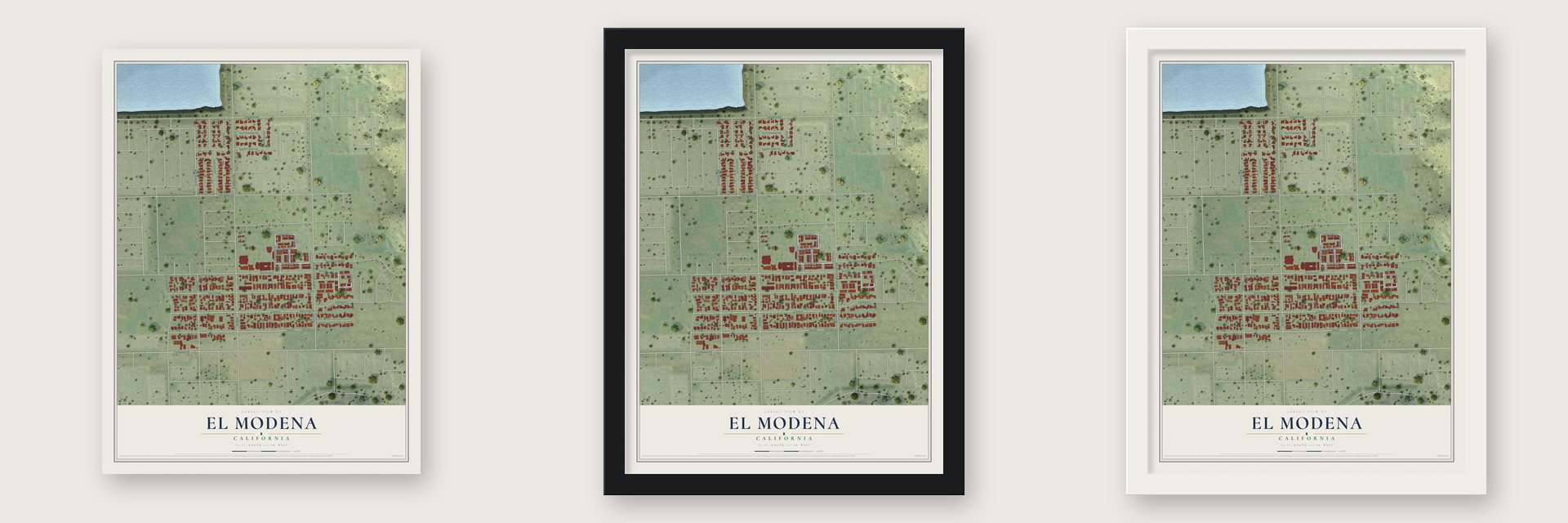 El Modena, California map unframed, in a black wood frame and in a white wood frame