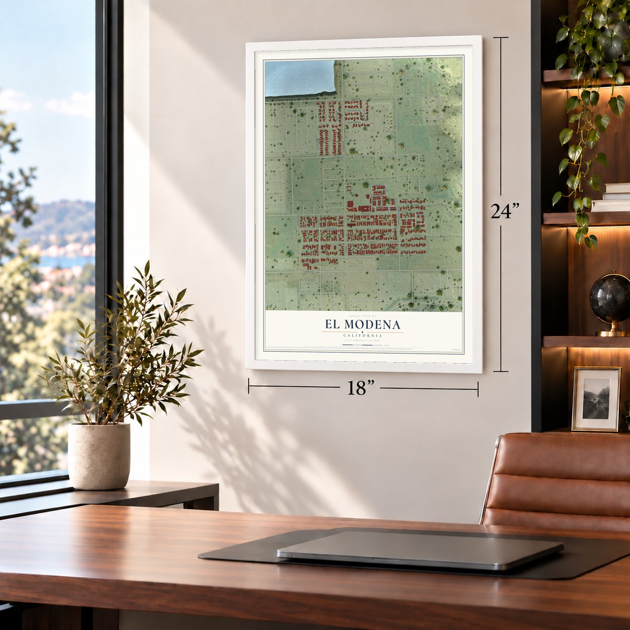 El Modena, California map, 18 x 24 inch print in a white frame in a home office