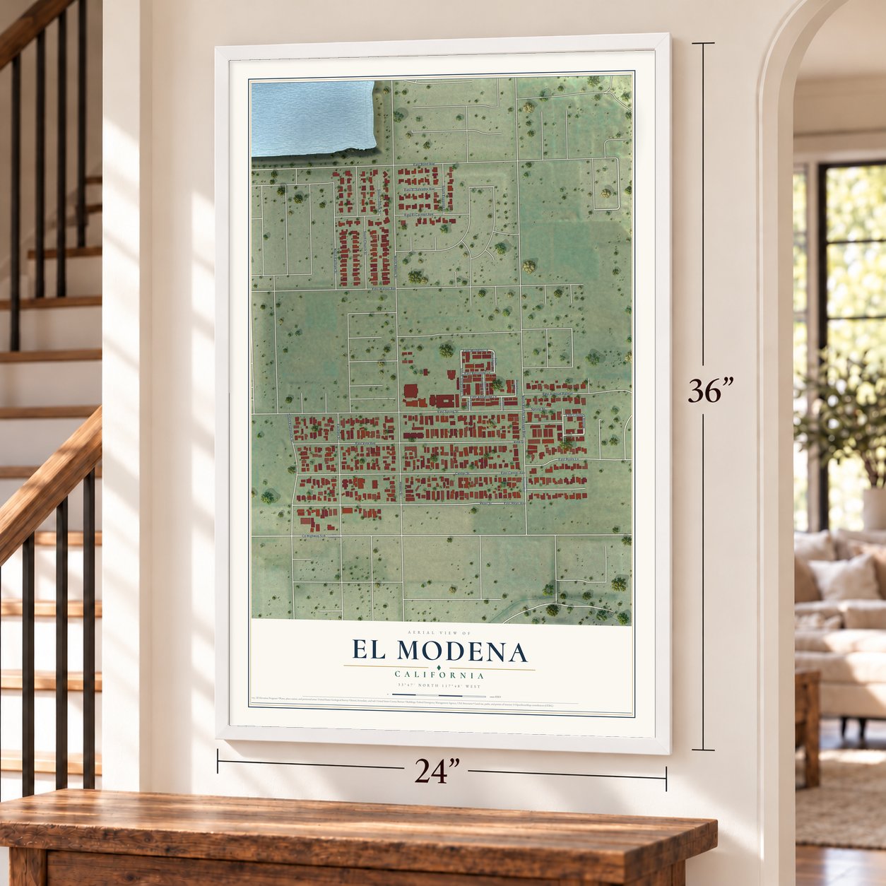 El Modena, California map, 24 x 36 inch print in a white frame by a staircase