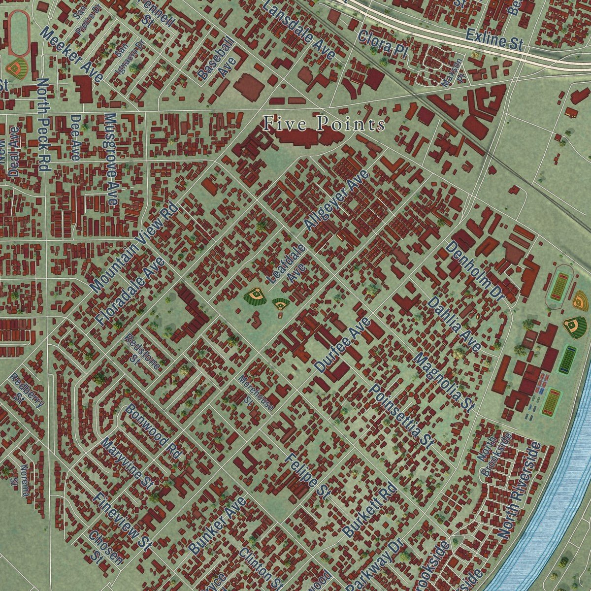 Second close-up of the map of El Monte, California print showing more streets and buildings