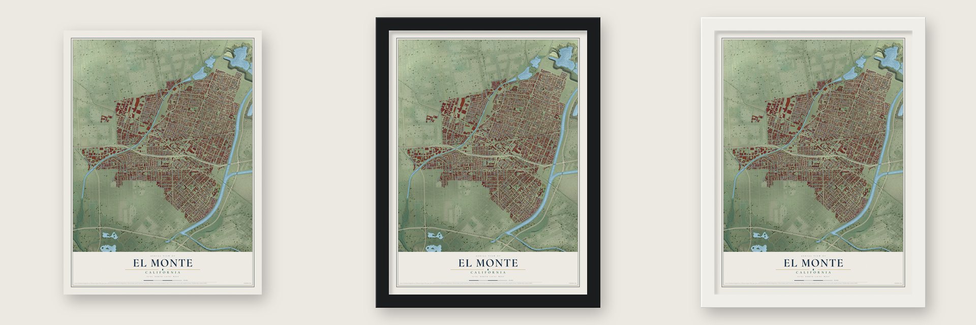 El Monte, California map unframed, in a black wood frame and in a white wood frame