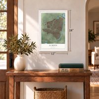 El Monte, California map, 12 x 18 inch print in a white frame in an entryway