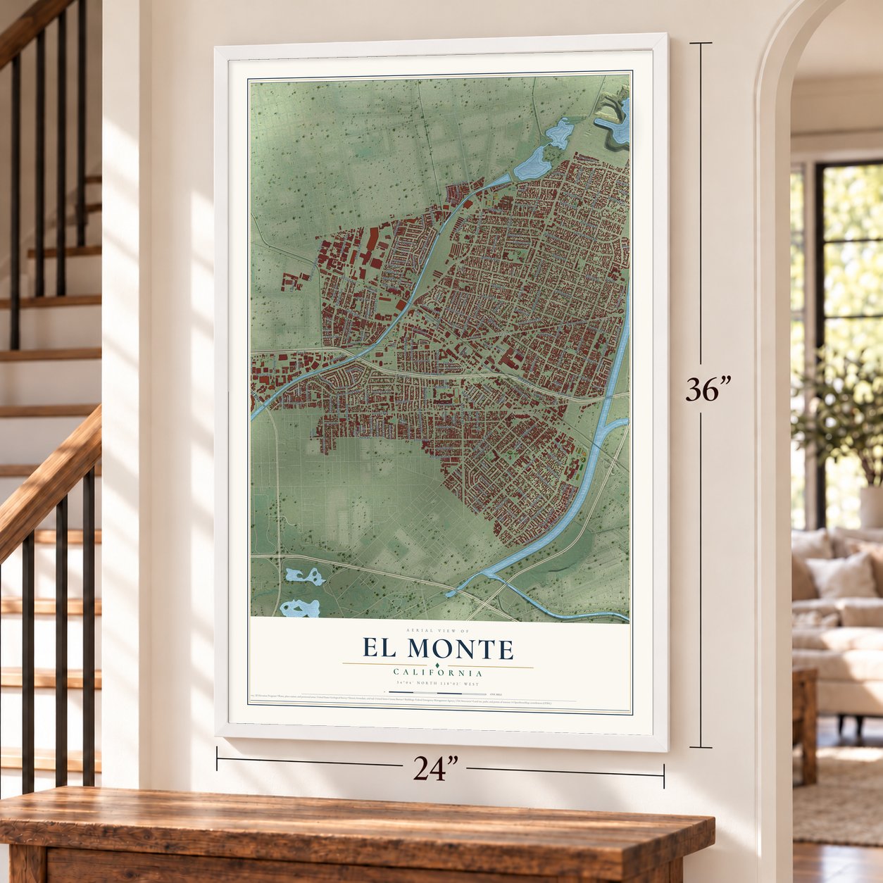 El Monte, California map, 24 x 36 inch print in a white frame by a staircase