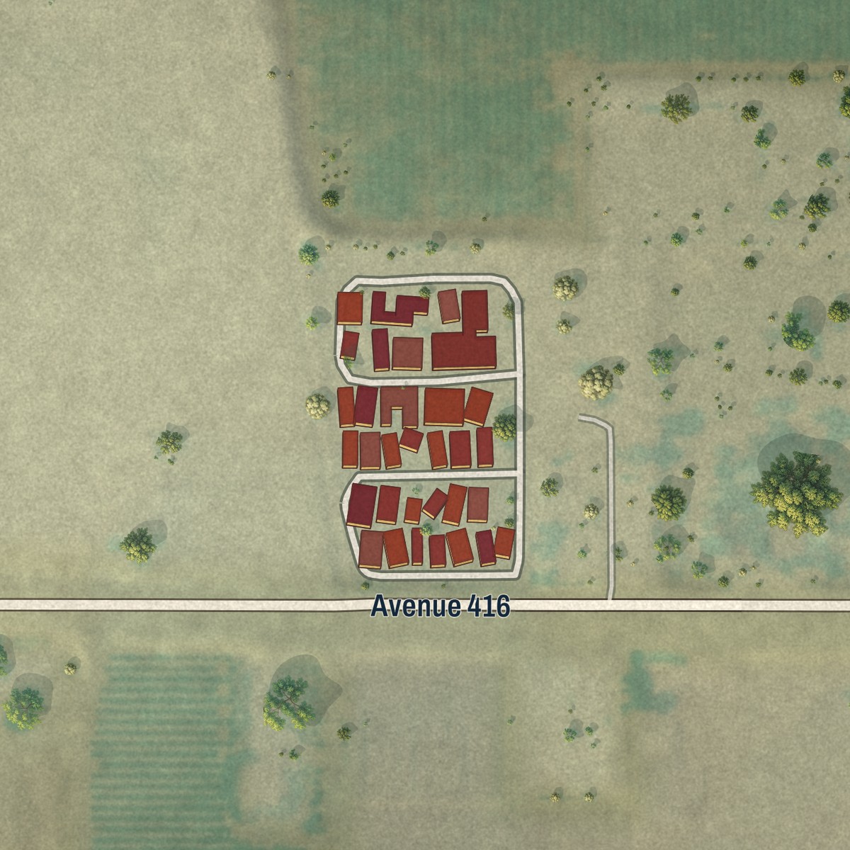 Second close-up of the map of El Monte Mobile Village, California print showing more streets and buildings