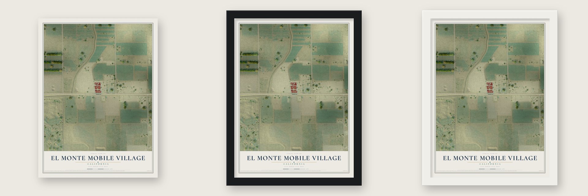 El Monte Mobile Village, California map unframed, in a black wood frame and in a white wood frame