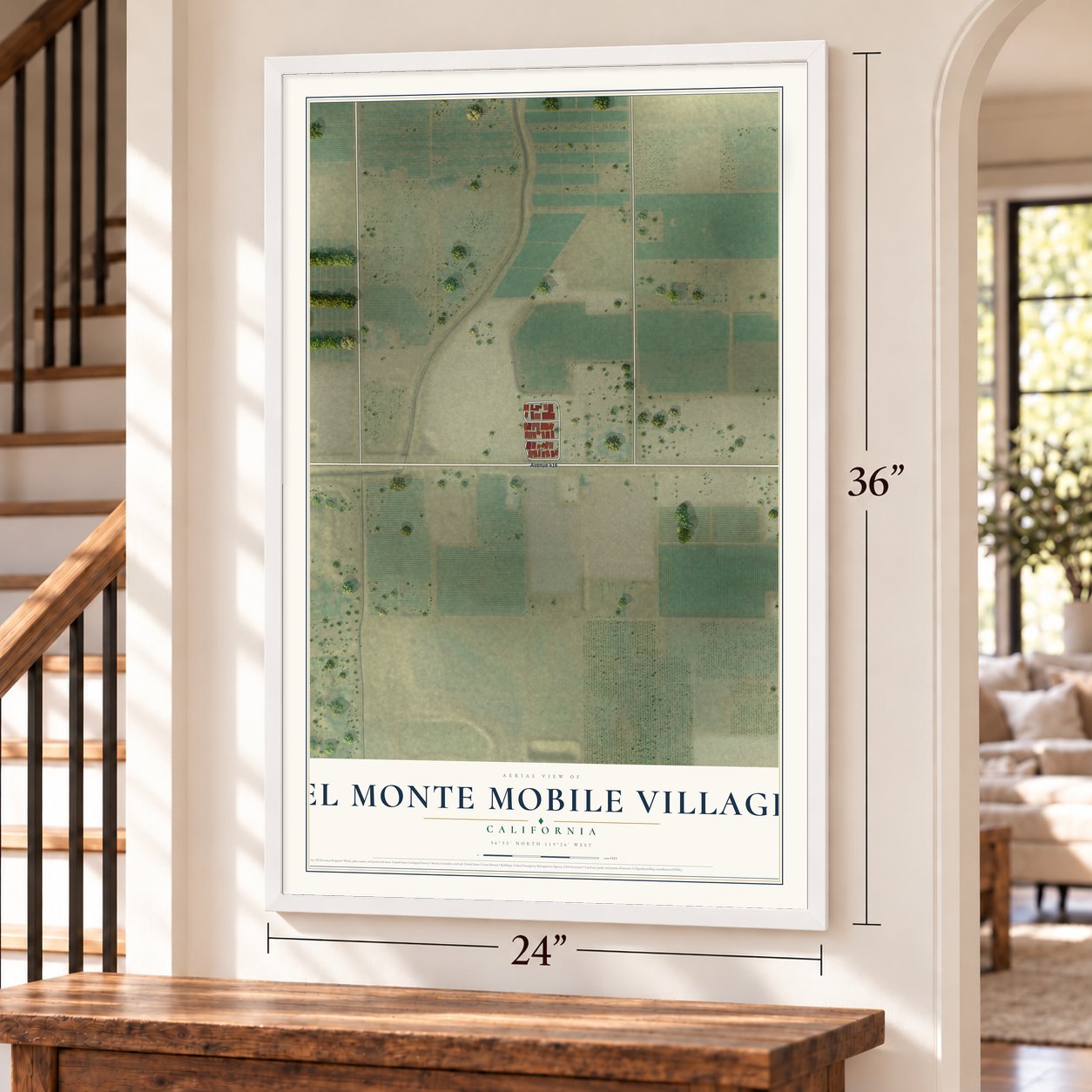 El Monte Mobile Village, California map, 24 x 36 inch print in a white frame by a staircase