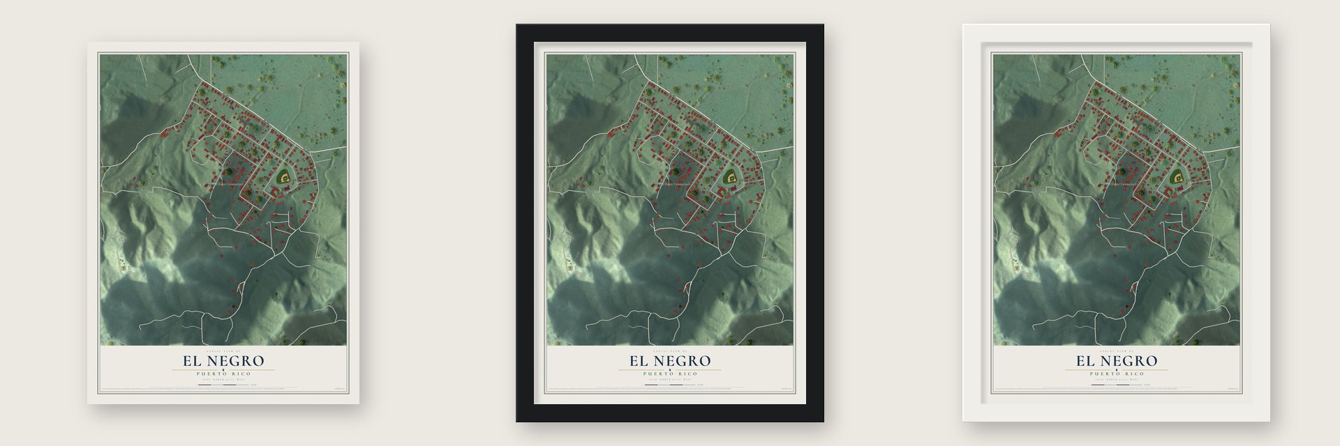 El Negro, Puerto Rico map unframed, in a black wood frame and in a white wood frame