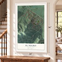 El Negro, Puerto Rico map, 24 x 36 inch print in a white frame by a staircase