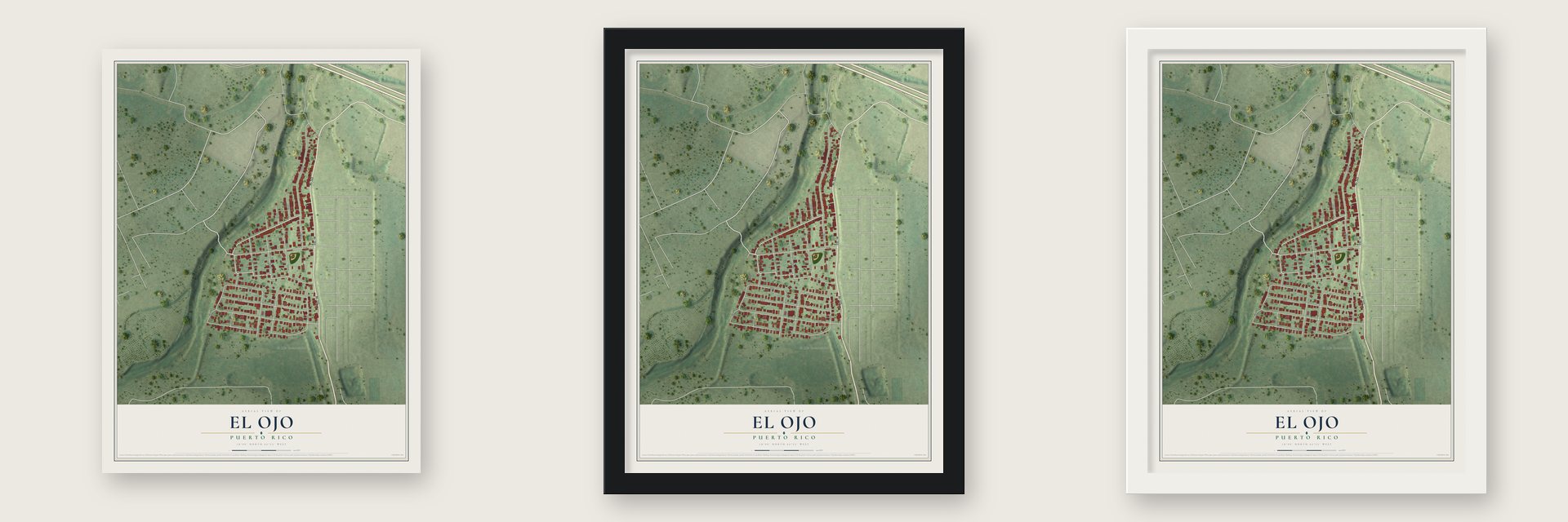 El Ojo, Puerto Rico map unframed, in a black wood frame and in a white wood frame