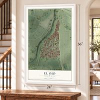 El Ojo, Puerto Rico map, 24 x 36 inch print in a white frame by a staircase