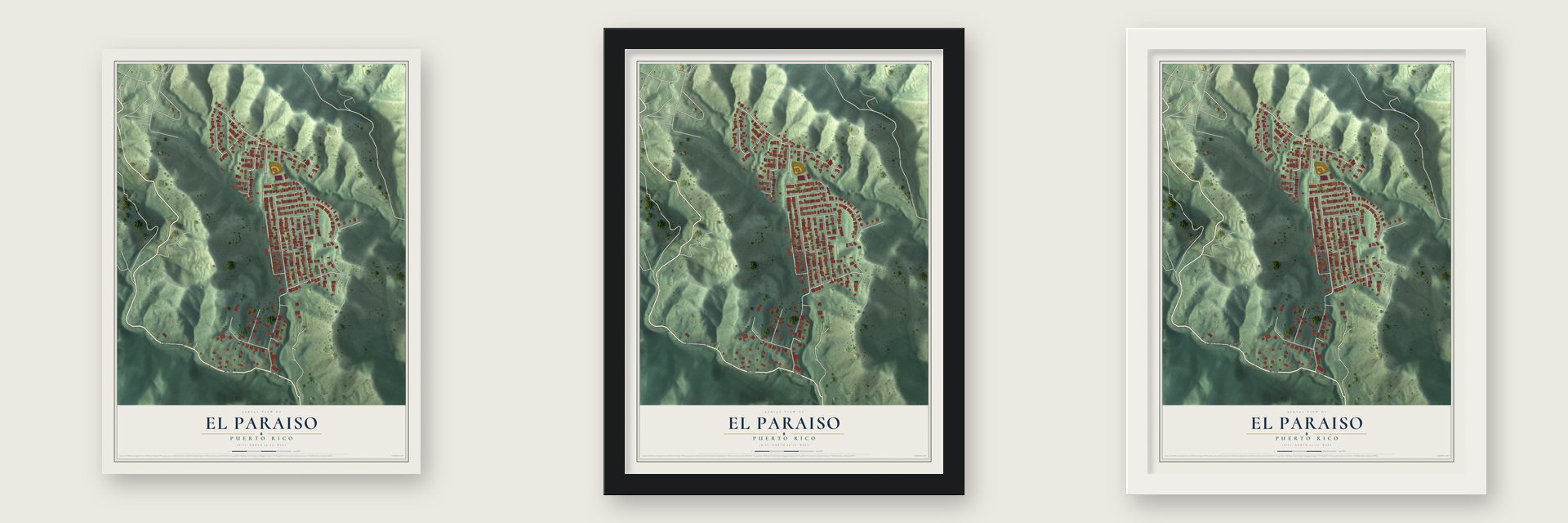 El Paraiso, Puerto Rico map unframed, in a black wood frame and in a white wood frame