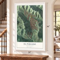 El Paraiso, Puerto Rico map, 24 x 36 inch print in a white frame by a staircase