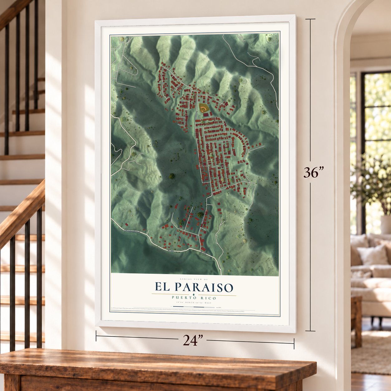 El Paraiso, Puerto Rico map, 24 x 36 inch print in a white frame by a staircase