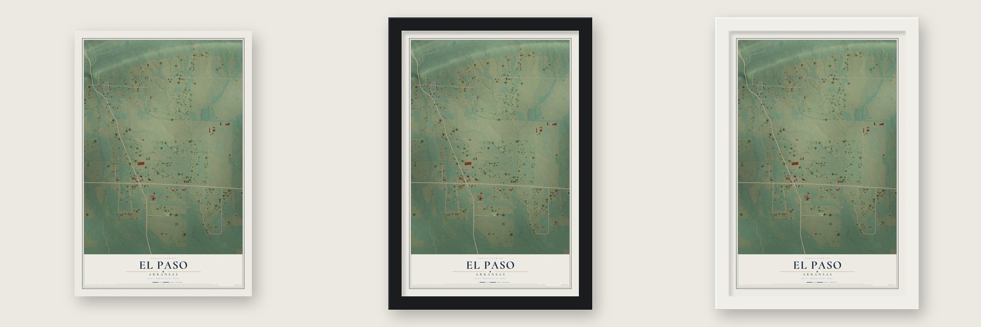 El Paso, Arkansas map unframed, in a black wood frame and in a white wood frame