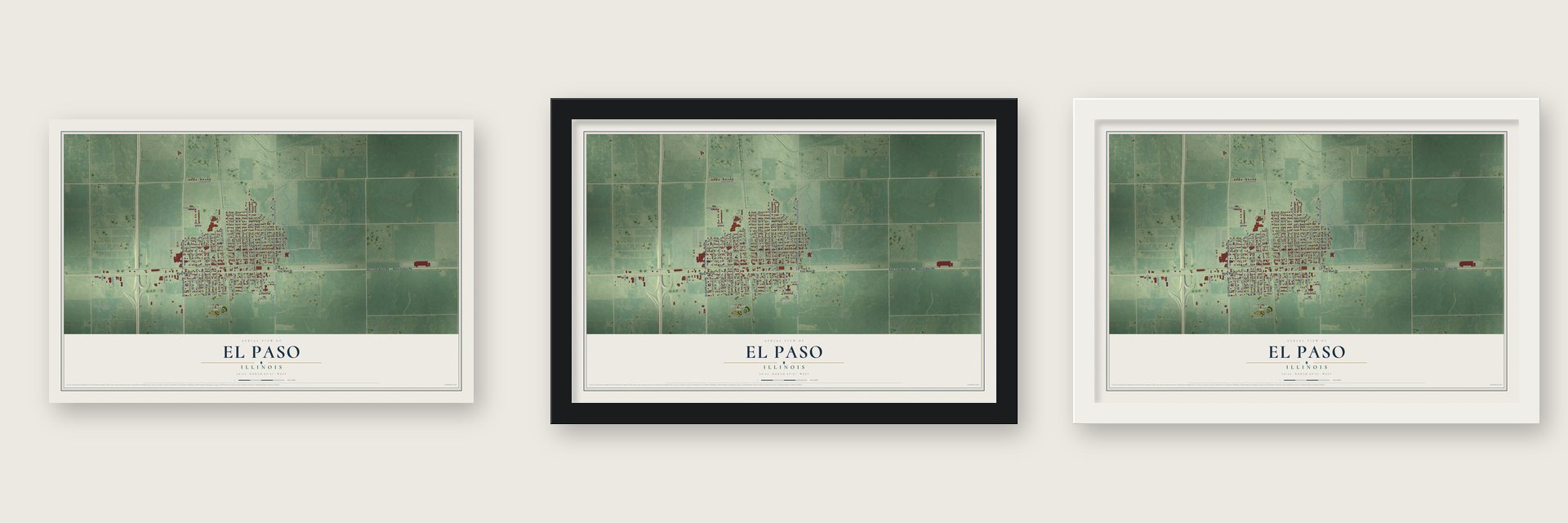 El Paso, Illinois map unframed, in a black wood frame and in a white wood frame