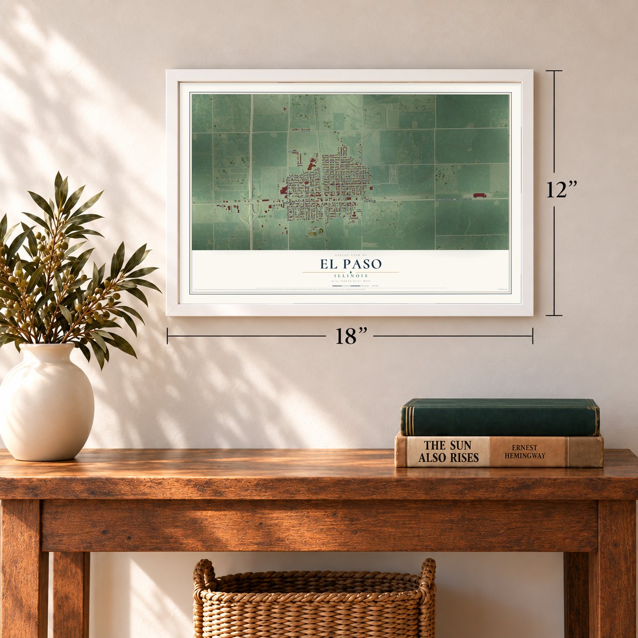 El Paso, Illinois map, 12 x 18 inch print in a white frame in an entryway
