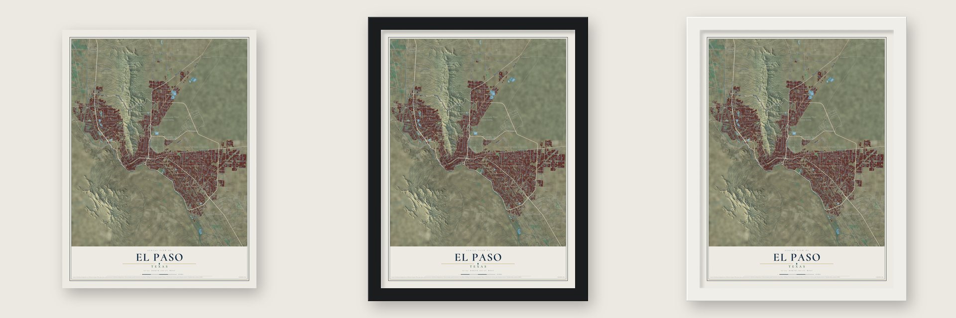 El Paso, Texas map unframed, in a black wood frame and in a white wood frame