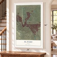 El Paso, Texas map, 24 x 36 inch print in a white frame by a staircase
