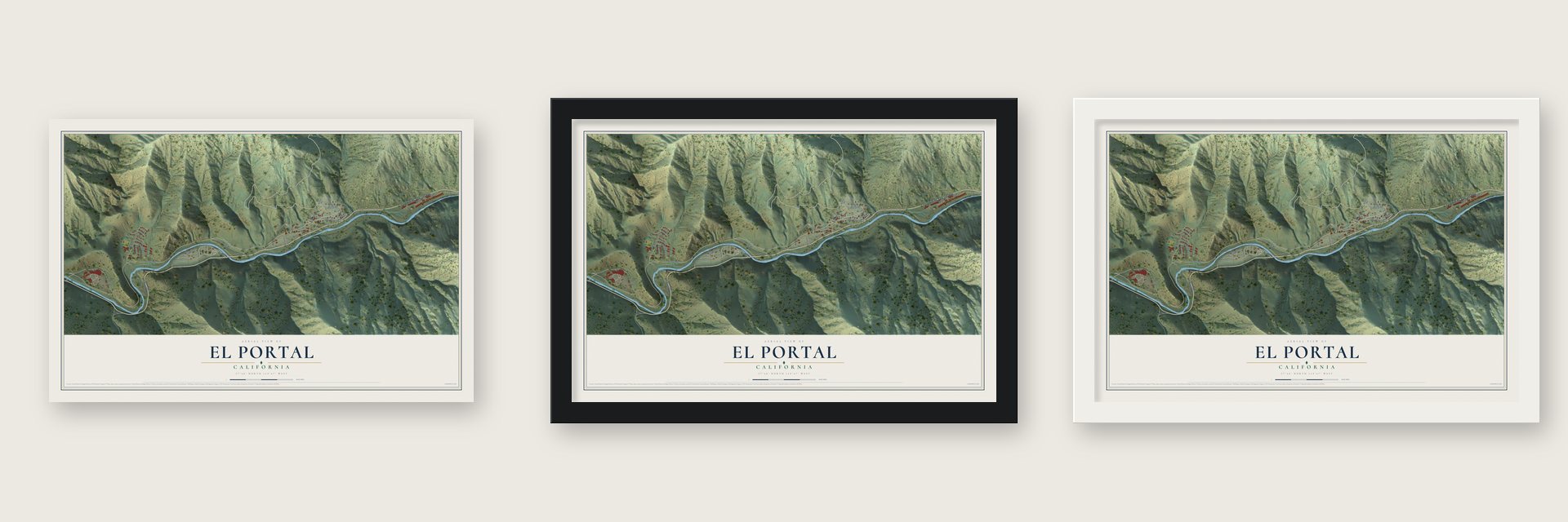 El Portal, California map unframed, in a black wood frame and in a white wood frame