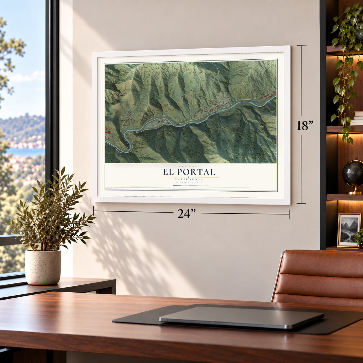El Portal, California map, 18 x 24 inch print in a white frame in a home office
