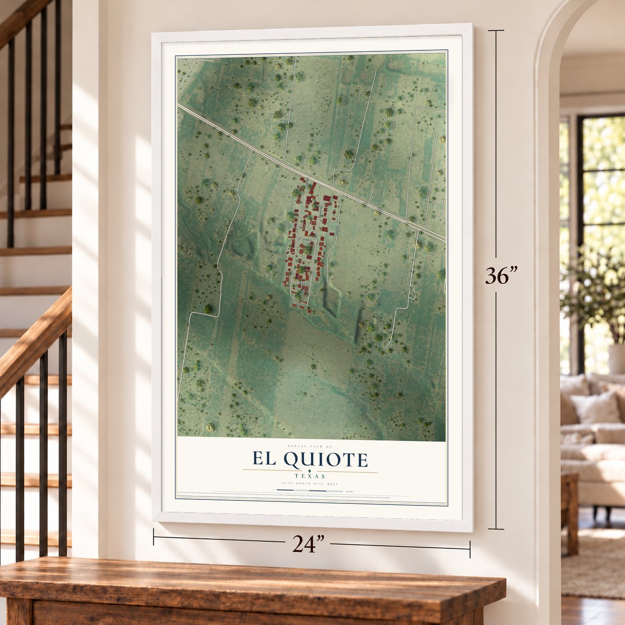 El Quiote, Texas map, 24 x 36 inch print in a white frame by a staircase