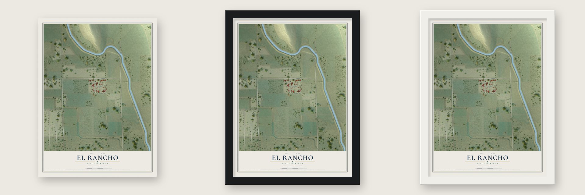 El Rancho, California map unframed, in a black wood frame and in a white wood frame