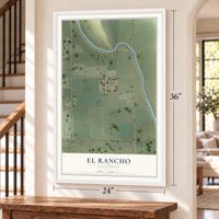 El Rancho, California map, 24 x 36 inch print in a white frame by a staircase