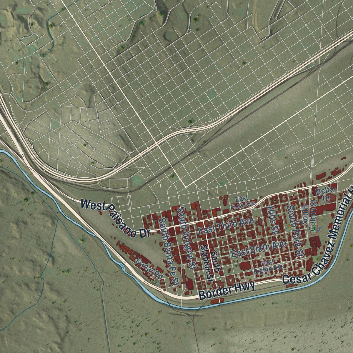 Second close-up of the map of El Segundo Barrio, Texas print showing more streets and buildings