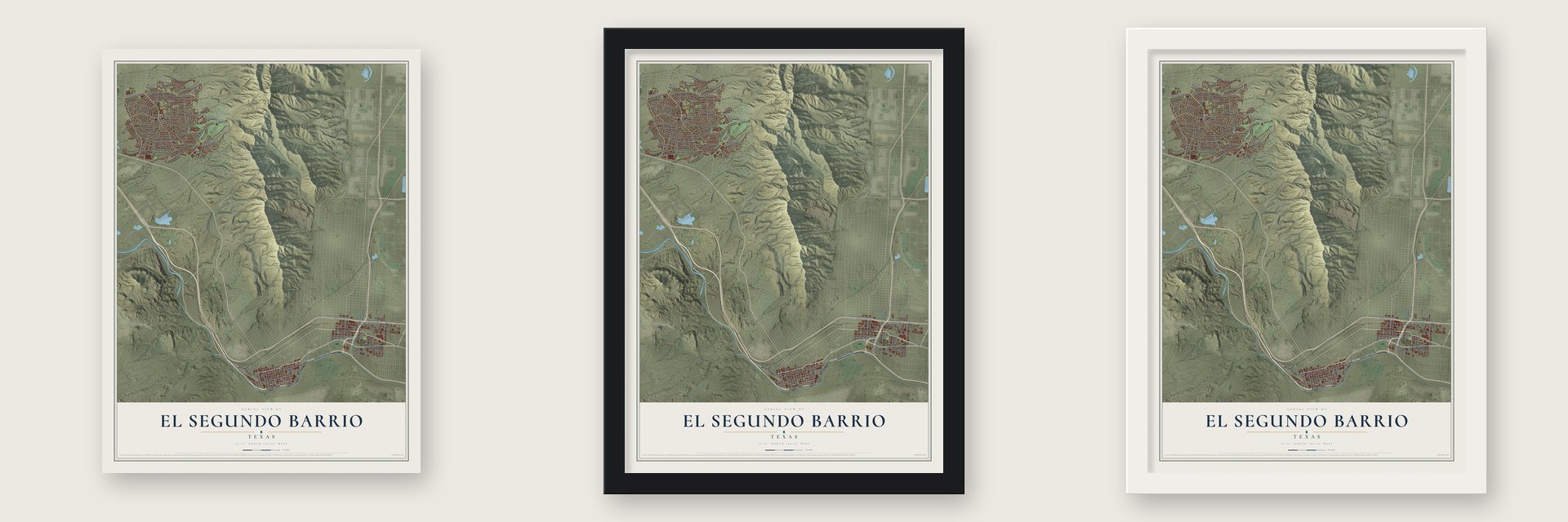 El Segundo Barrio, Texas map unframed, in a black wood frame and in a white wood frame