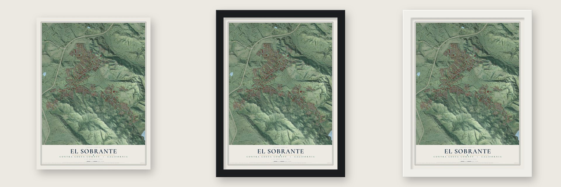 El Sobrante, Contra Costa County, California map unframed, in a black wood frame and in a white wood frame