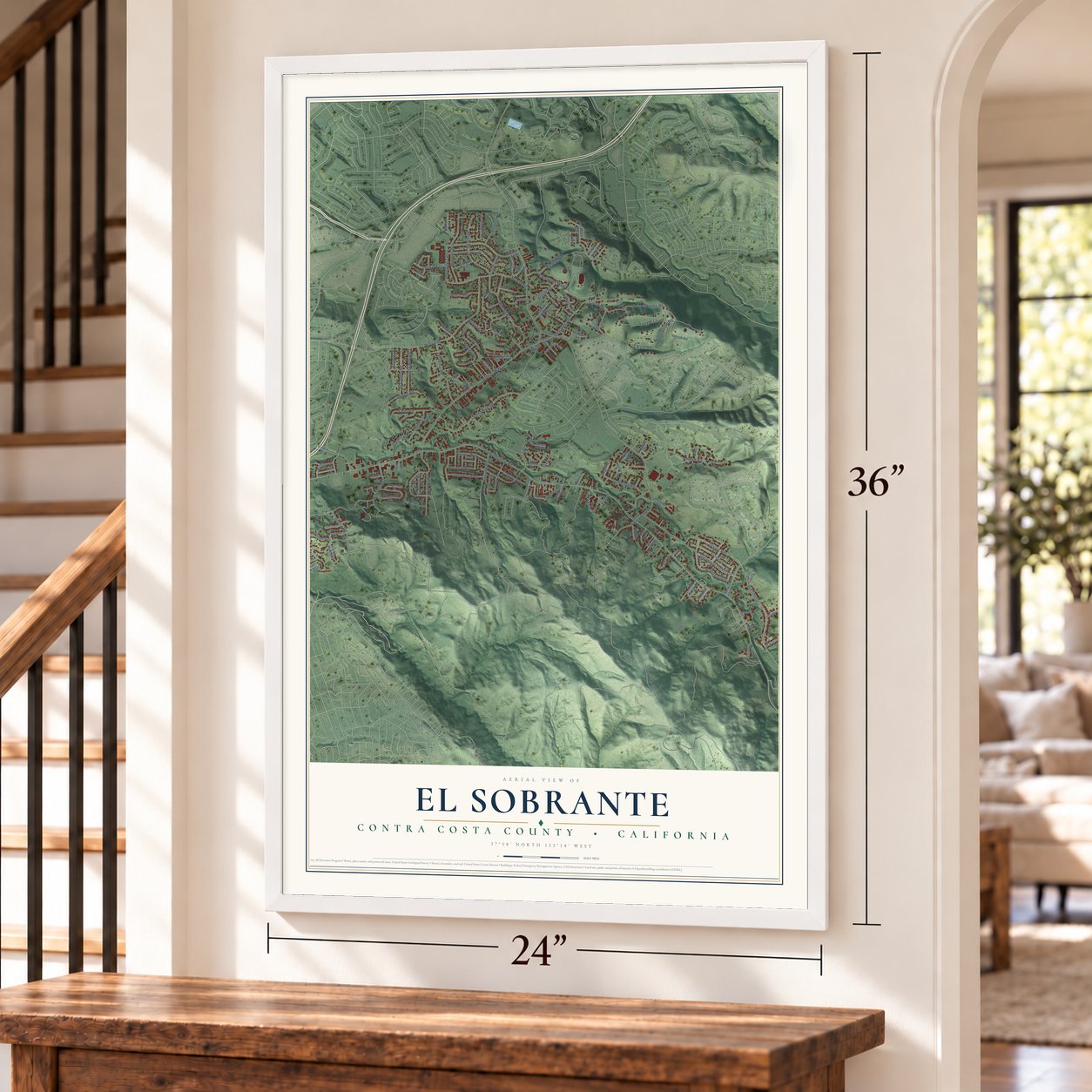 El Sobrante, Contra Costa County, California map, 24 x 36 inch print in a white frame by a staircase