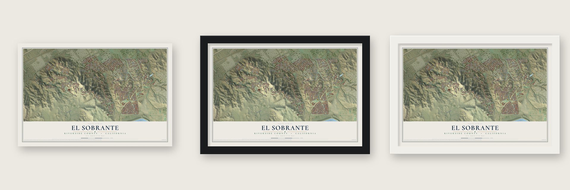 El Sobrante, Riverside County, California map unframed, in a black wood frame and in a white wood frame