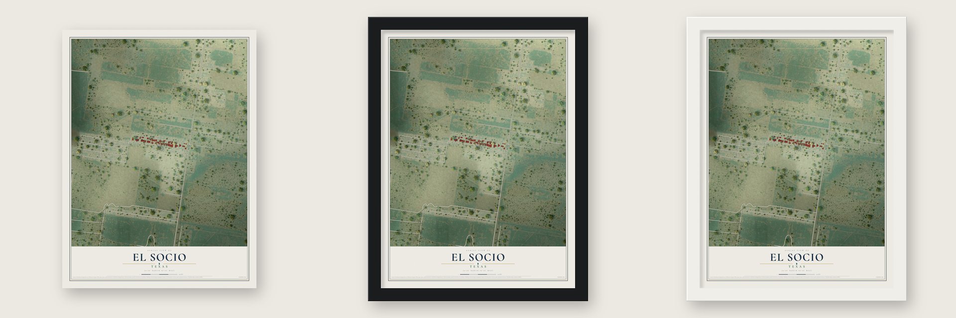 El Socio, Texas map unframed, in a black wood frame and in a white wood frame