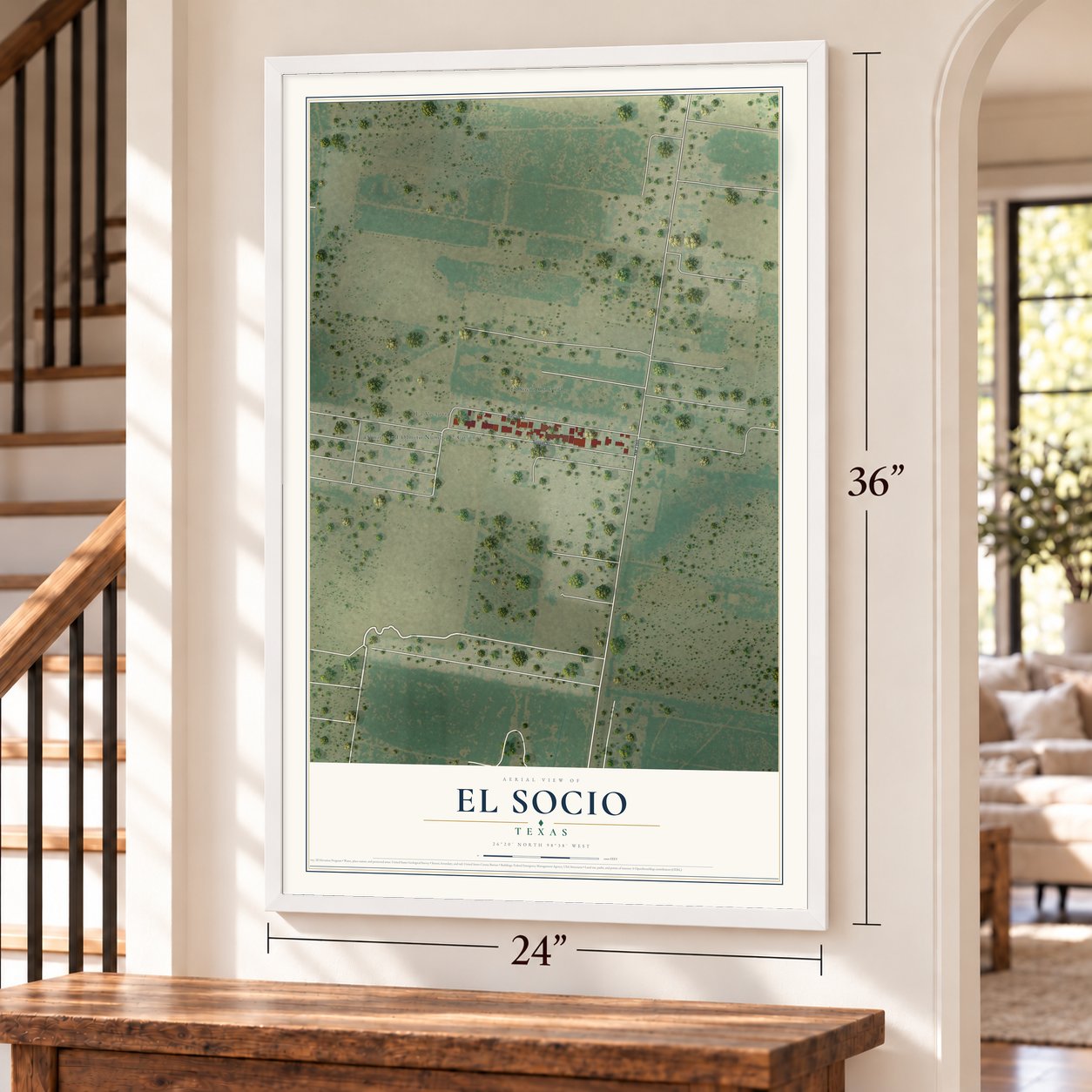 El Socio, Texas map, 24 x 36 inch print in a white frame by a staircase