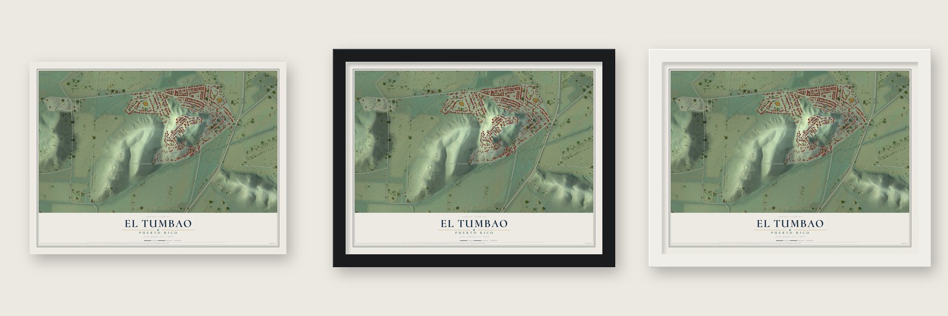 El Tumbao, Puerto Rico map unframed, in a black wood frame and in a white wood frame