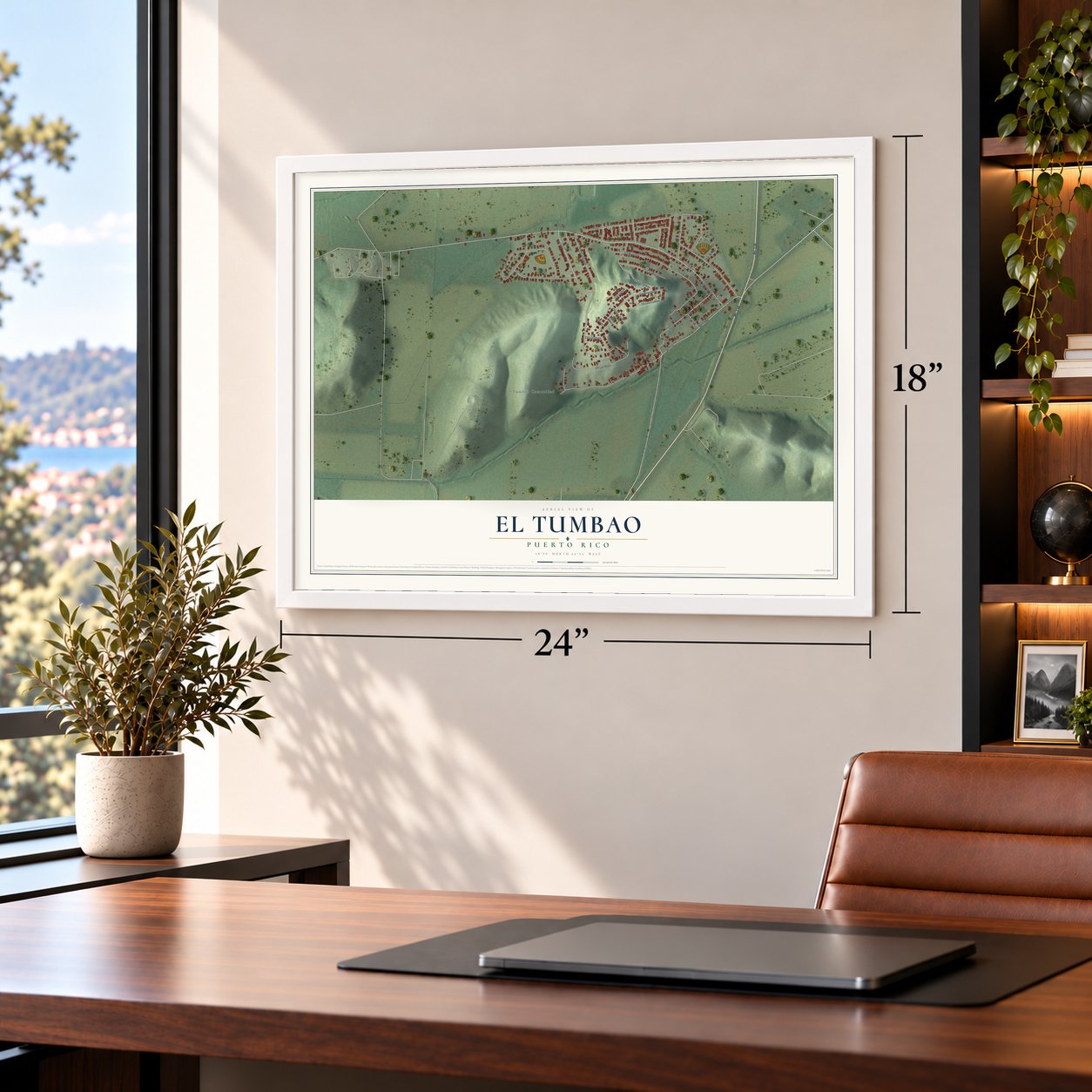 El Tumbao, Puerto Rico map, 18 x 24 inch print in a white frame in a home office