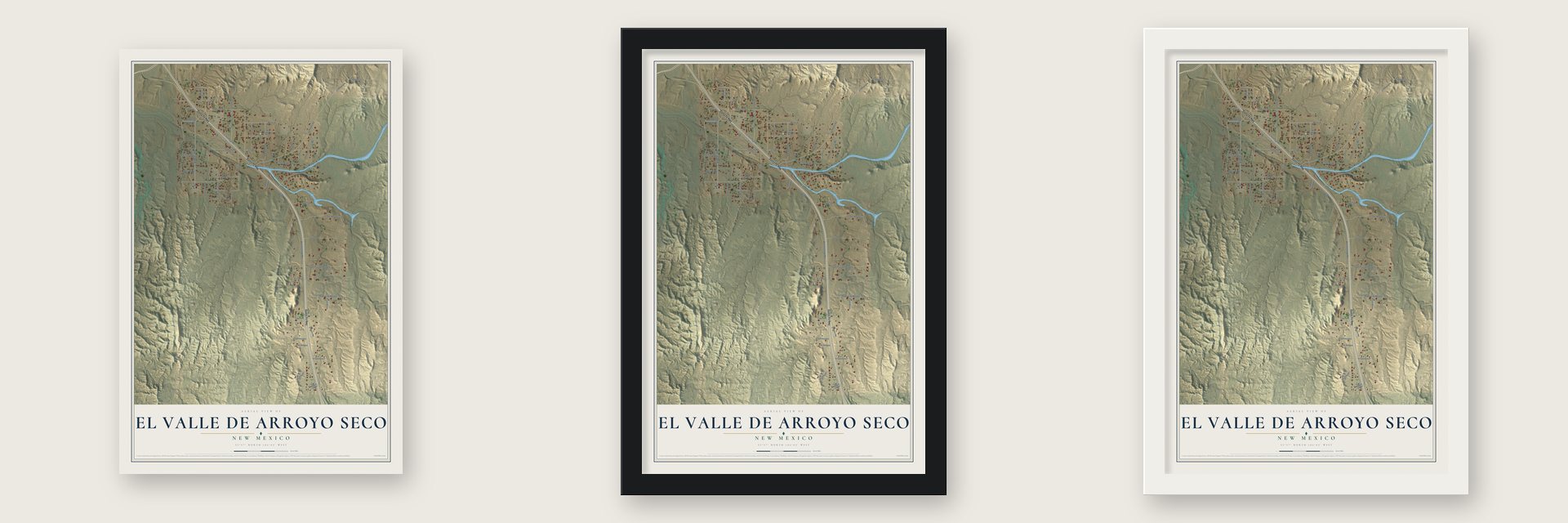 El Valle de Arroyo Seco, New Mexico map unframed, in a black wood frame and in a white wood frame
